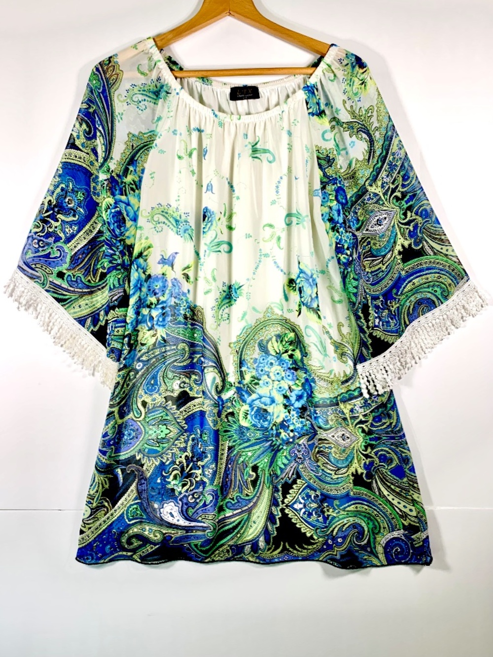 LTX Sportswear boho tunic mini dress paisley floral blue green tassel sleeves